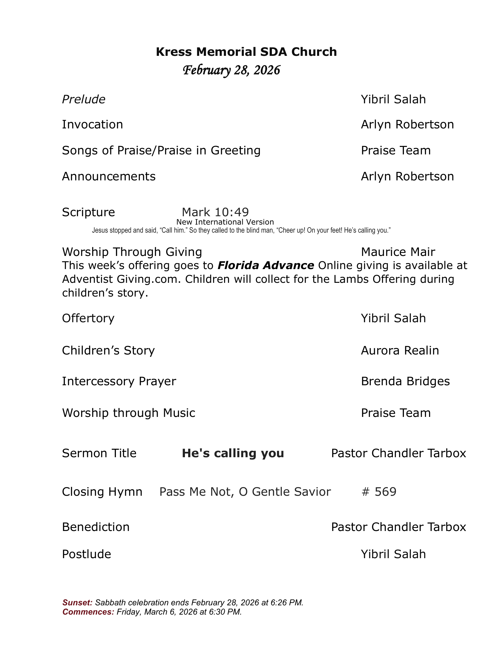 This week's church bulletin cover