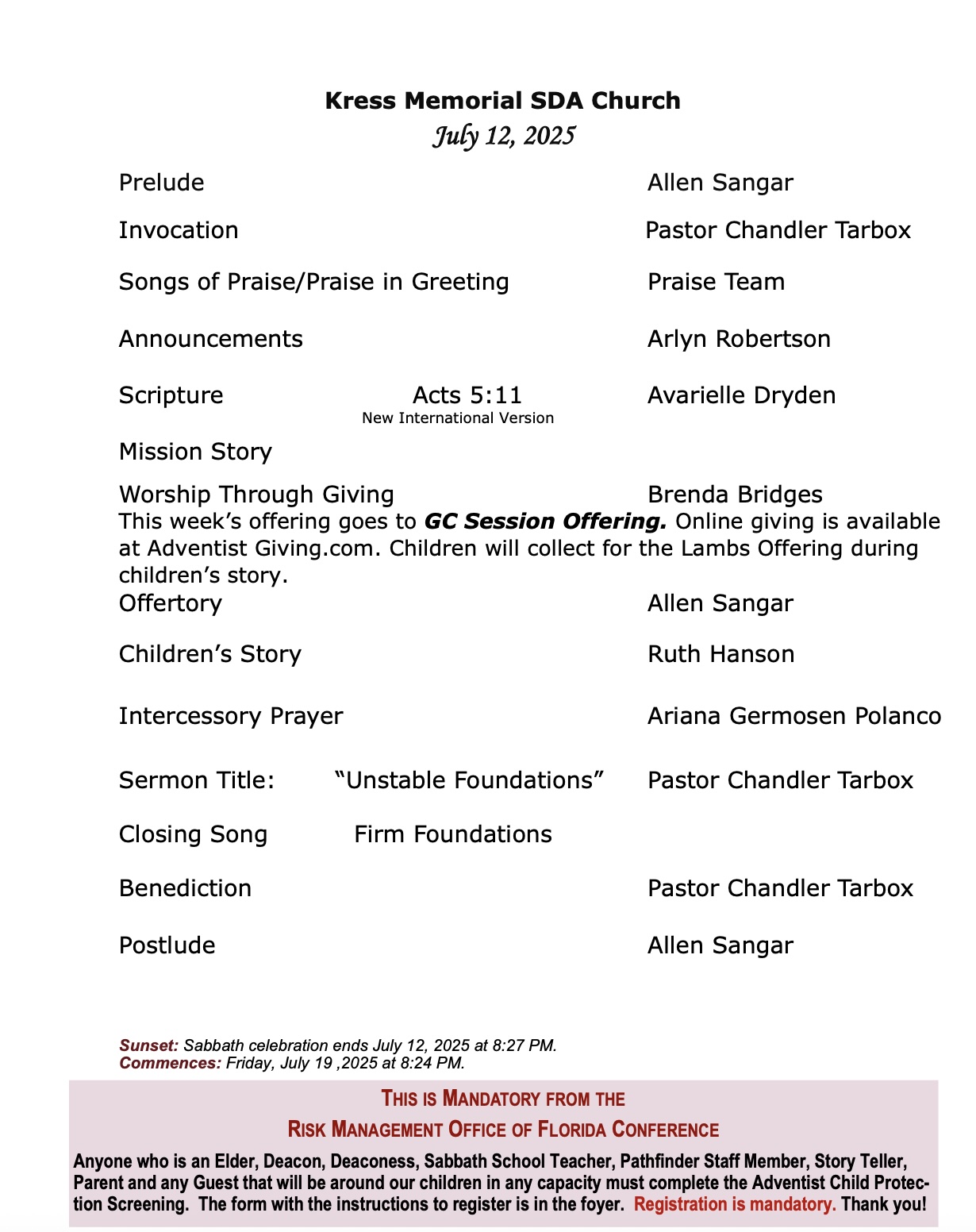 This week's church bulletin cover